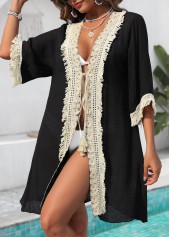 Black swimwear,Contrast Color swimwear,Black Tassel Patchwork 3/4 Sleeve Cover Up