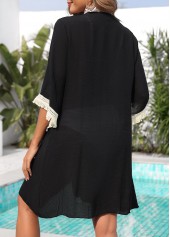 Black swimwear,Contrast Color swimwear,Black Tassel Patchwork 3/4 Sleeve Cover Up