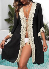 Cache-maillot noir à franges et empiècements manches 3/4