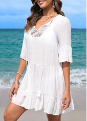 White swimwear,Plain Color swimwear,White Patchwork Hollow Out Cover Up