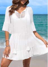 White swimwear,Plain Color swimwear,White Patchwork Hollow Out Cover Up