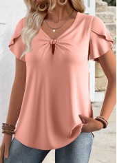 Pink tops,Plain Color tops,ROTITA Pink V Neck Short Sleeve Tunic Blouse