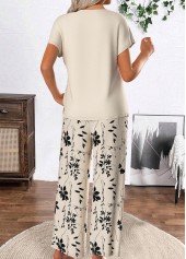 Beige jumpsuits&rompers,Floral jumpsuits&rompers,Plants jumpsuits&rompers,ROTITA Floral Print Beige Round Neck Top and Pants