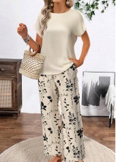 Beige jumpsuits&rompers,Floral jumpsuits&rompers,Plants jumpsuits&rompers,ROTITA Floral Print Beige Round Neck Top and Pants