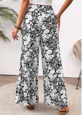 White bottoms,Floral bottoms,Plants bottoms,Floral Print White Wide Leg Elastic Waist Pants