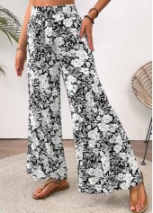 White bottoms,Floral bottoms,Plants bottoms,Floral Print White Wide Leg Elastic Waist Pants