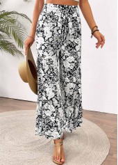 White bottoms,Floral bottoms,Plants bottoms,Floral Print White Wide Leg Elastic Waist Pants