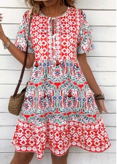 Multi Color dresses,Tribal dresses,Vacation dresses,Vacation dresses,ROTITA Tribal Print Multi Color A Line Round Neck Dress