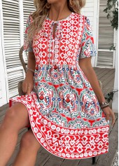 Multi Color dresses,Tribal dresses,Vacation dresses,Vacation dresses,ROTITA Tribal Print Multi Color A Line Round Neck Dress