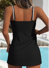 Black swimwear,Striped swimwear,Geometric swimwear,ROTITA Patchwork Black Striped Mid Waisted Tankini Set