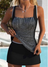 Black swimwear,Striped swimwear,Geometric swimwear,ROTITA Patchwork Black Striped Mid Waisted Tankini Set