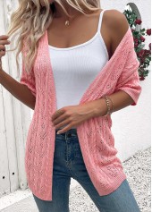Pink tops,Plain Color tops,Pink Half Sleeve Tunic Light Cardigan