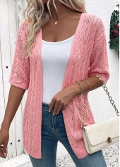 Pink tops,Plain Color tops,Pink Half Sleeve Tunic Light Cardigan