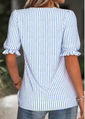 Blue tops,Striped tops,Geometric tops,ROTITA Split Striped Blue Short Sleeve Blouse