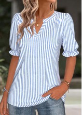 Blue tops,Striped tops,Geometric tops,ROTITA Split Striped Blue Short Sleeve Blouse