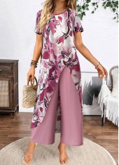 Dusty Purple jumpsuits&rompers,Floral jumpsuits&rompers,Plants jumpsuits&rompers,ROTITA Two Piece Floral Print Dusty Purple Round Neck Top
