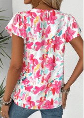 Hot Pink tops,Floral tops,Plants tops,ROTITA Floral Print Hot Pink Round Neck Short Sleeve Blouse