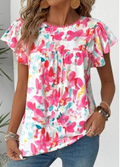 Hot Pink tops,Floral tops,Plants tops,ROTITA Floral Print Hot Pink Round Neck Short Sleeve Blouse