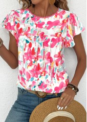 Hot Pink tops,Floral tops,Plants tops,ROTITA Floral Print Hot Pink Round Neck Short Sleeve Blouse