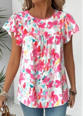 Hot Pink tops,Floral tops,Plants tops,ROTITA Floral Print Hot Pink Round Neck Short Sleeve Blouse