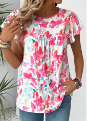 Hot Pink tops,Floral tops,Plants tops,ROTITA Floral Print Hot Pink Round Neck Short Sleeve Blouse