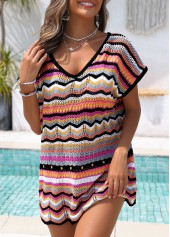 Multi Color swimwear,Striped swimwear,Geometric swimwear,Multi Color Hollow Out Striped Cover Up
