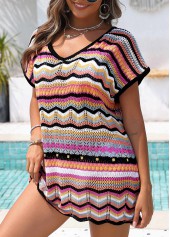 Multi Color swimwear,Striped swimwear,Geometric swimwear,Multi Color Hollow Out Striped Cover Up