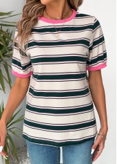 Multi Color tops,Striped tops,Geometric tops,ROTITA Multi Stripe Print Round Neck Short Sleeve T Shirt