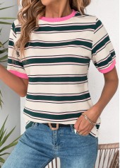 Multi Color tops,Striped tops,Geometric tops,ROTITA Multi Stripe Print Round Neck Short Sleeve T Shirt