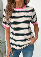 Multi Color tops,Striped tops,Geometric tops,ROTITA Multi Stripe Print Round Neck Short Sleeve T Shirt