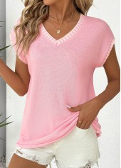 Pink V Neck Short Sleeve T Shirt