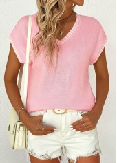 Pink tops,Plain Color tops,Pink V Neck Short Sleeve T Shirt