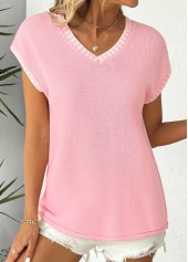 Pink tops,Plain Color tops,Pink V Neck Short Sleeve T Shirt