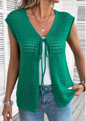 Green tops,Plain Color tops,Green V Neck Sleeveless Tunic Cardigan