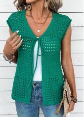 Green tops,Plain Color tops,Green V Neck Sleeveless Tunic Cardigan