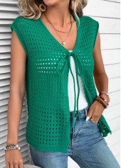 Green tops,Plain Color tops,Green V Neck Sleeveless Tunic Cardigan
