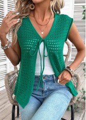 Green tops,Plain Color tops,Green V Neck Sleeveless Tunic Cardigan