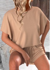 Light Coffee tops,Plain Color tops,ROTITA Light Coffee Round Neck Short Sleeve Top and Shorts