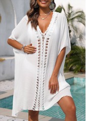 White swimwear,Plain Color swimwear,White V Neck Half Sleeve Cover Up