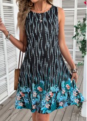 Blue dresses,Floral dresses,Plants dresses,Everyday dresses,Casual dresses,ROTITA Floral Print Blue A Line Round Neck Sleeveless Dress