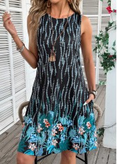 Blue dresses,Floral dresses,Plants dresses,Everyday dresses,Casual dresses,ROTITA Floral Print Blue A Line Round Neck Sleeveless Dress