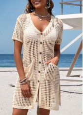 Beige swimwear,Plain Color swimwear,Beige Pocket V Neck Cover Up