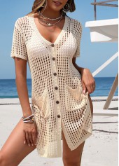 Beige swimwear,Plain Color swimwear,Beige Pocket V Neck Cover Up