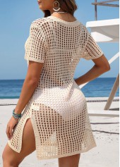 Beige swimwear,Plain Color swimwear,Beige Pocket V Neck Cover Up