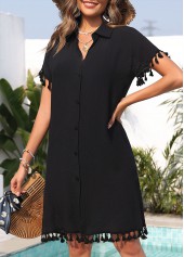 Black swimwear,Plain Color swimwear,Black Button Tassel Short Sleeve Cover Up