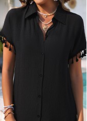 Black swimwear,Plain Color swimwear,Black Button Tassel Short Sleeve Cover Up