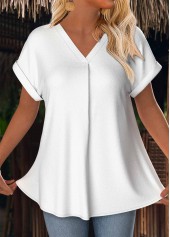 White tops,Plain Color tops,ROTITA White V Neck Short Sleeve T Shirt