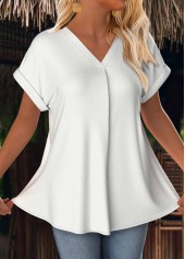 White tops,Plain Color tops,ROTITA White V Neck Short Sleeve T Shirt