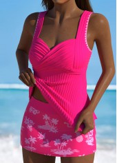 Hot Pink swimwear,Plants swimwear,ROTITA Hot Pink Tropical Plants Print Mid Waisted Tankini Set