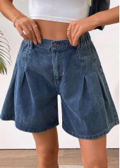 Denim Blue bottoms,Plain Color bottoms,Denim Blue Wide Leg Button Fly High Waisted Shorts